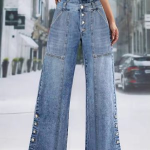Casual High Waist Button Loose Slimming Straight Wide Leg Jeans