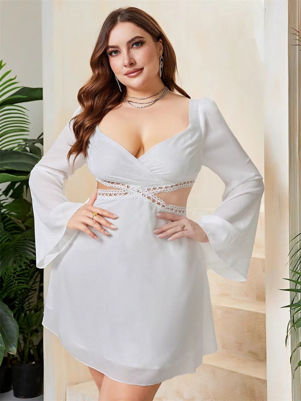 Elegant Sweetheart Neck Cutout Waist Lace Plus Size Mini Dress - Image 11