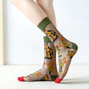 5 Pairs Set Glass Silk Floral Bird Funny Transparent Art Ankle Socks