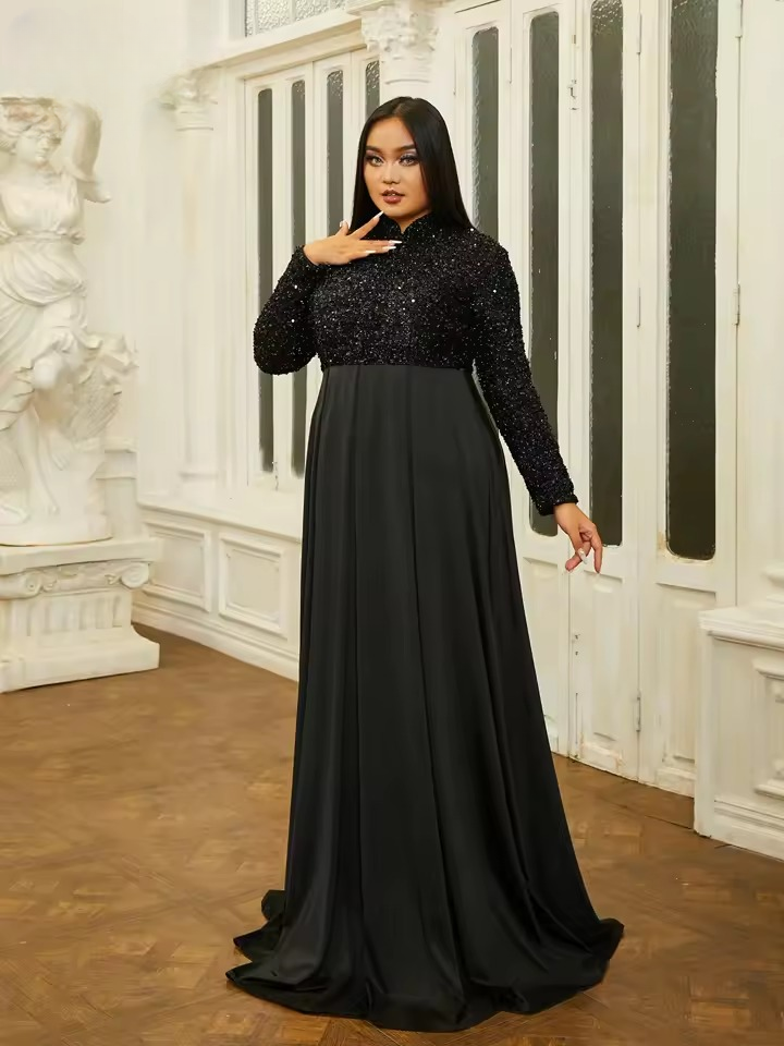 Elegant High Necked Long Sleeve Sequin Plus Size Maxi Dress - Image 3