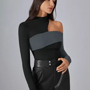 Asymmetrical Designed Neckline Long Sleeves Polyester Color Block Tees T Shirt