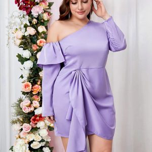 Asymmetrical Neck Wrap Ruffle Bodycon Mini Dress