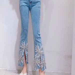 Bead Diamond High Waist Skinny 3d Flower Flared Pants