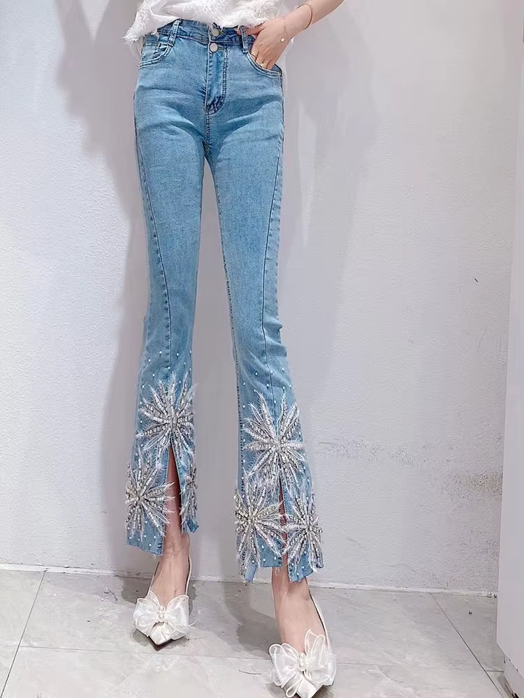 Bead Diamond High Waist Skinny 3d Flower Flared Pants