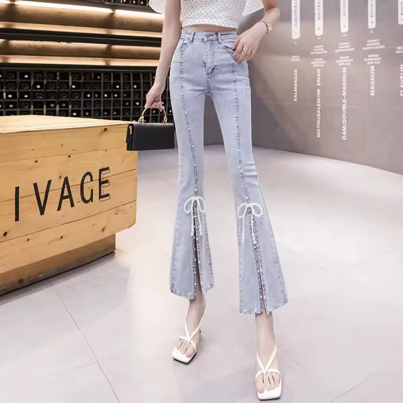 Beading High waist Tide Slim Elastic Bell Bottoms Denim Pants - Image 2