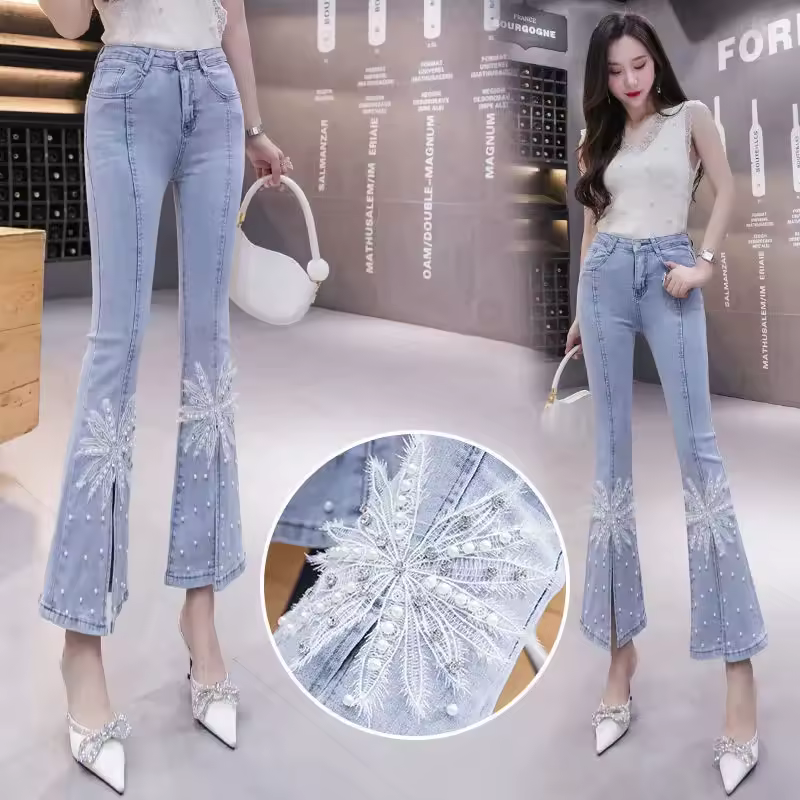 Beading High waist Tide Slim Elastic Bell Bottoms Denim Pants - Image 5