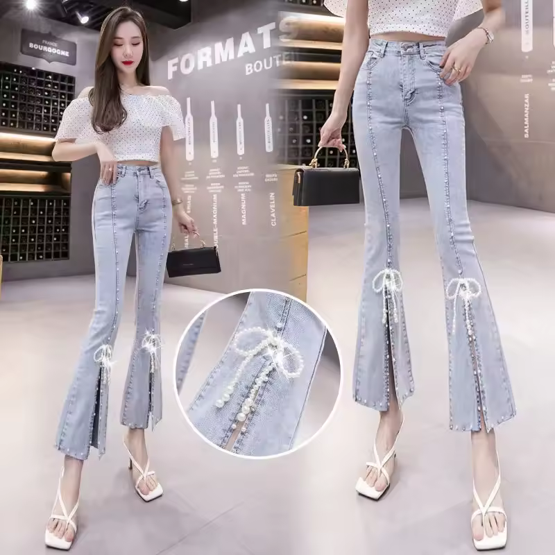 Beading button fly Tide Slim Elastic Bell Bottoms Office Lady Denim Pants - Image 3