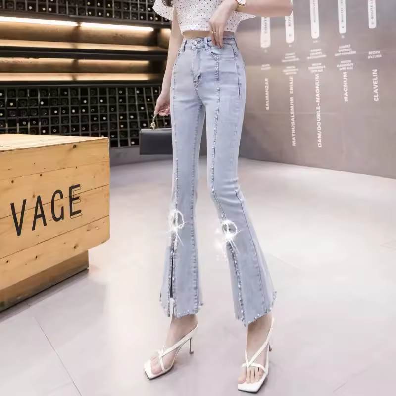 Beading button fly Tide Slim Elastic Bell Bottoms Office Lady Denim Pants - Image 2