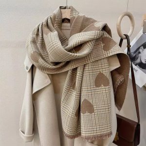 Cashmere Double Side Love Heart Plaid Long Thickened Warm Knitted Scarf Hijab Stole