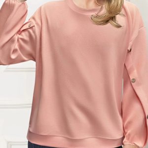 Casual Button-Round Neck Long-Sleeved Plus Size T-shirt