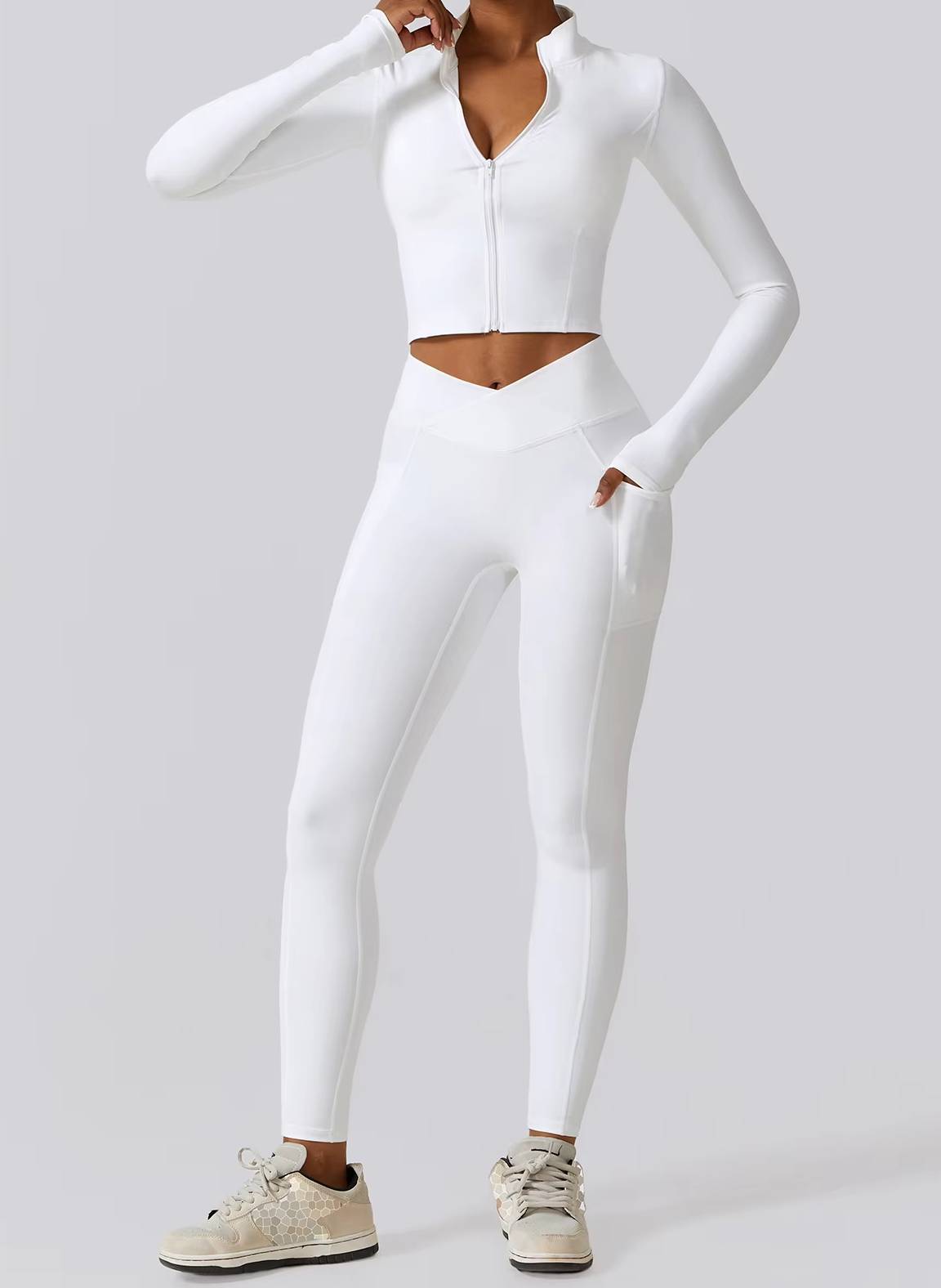 Casual Full Zip-Up Stretchy Fitted Long Sleeve Yoga Crop Top - Image 6