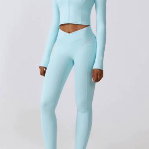Casual Full Zip-Up Stretchy Fitted Long Sleeve Yoga Crop Top