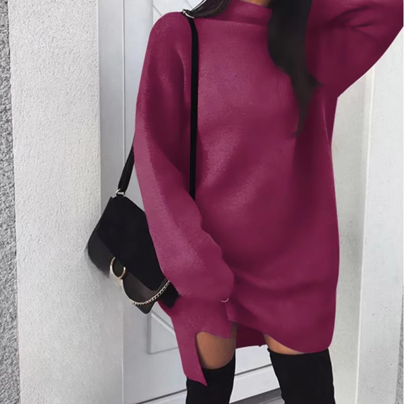 Casual High Neck Side Slit Long Sleeve Simple Basic Sportwear Sweatshirt Short Dress - Image 9