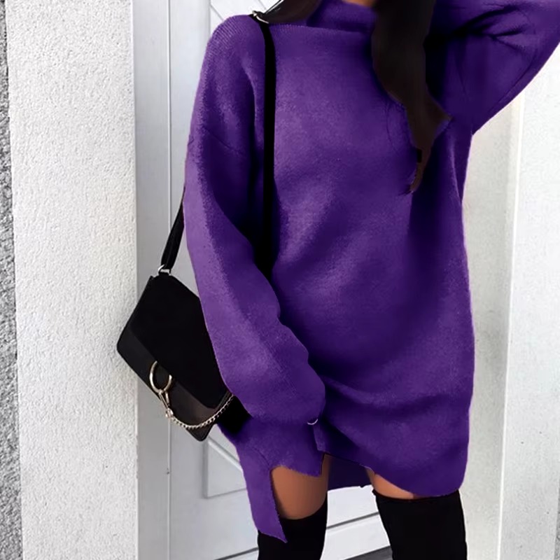 Casual High Neck Side Slit Long Sleeve Simple Basic Sportwear Sweatshirt Short Dress - Image 2