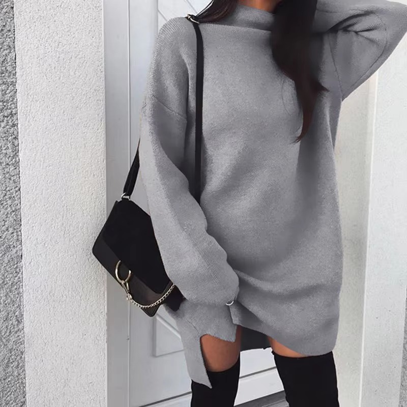 Casual High Neck Side Slit Long Sleeve Simple Basic Sportwear Sweatshirt Short Dress - Image 3