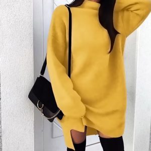 Casual High Neck Side Slit Long Sleeve Simple Basic Sportwear Sweatshirt Short Dress