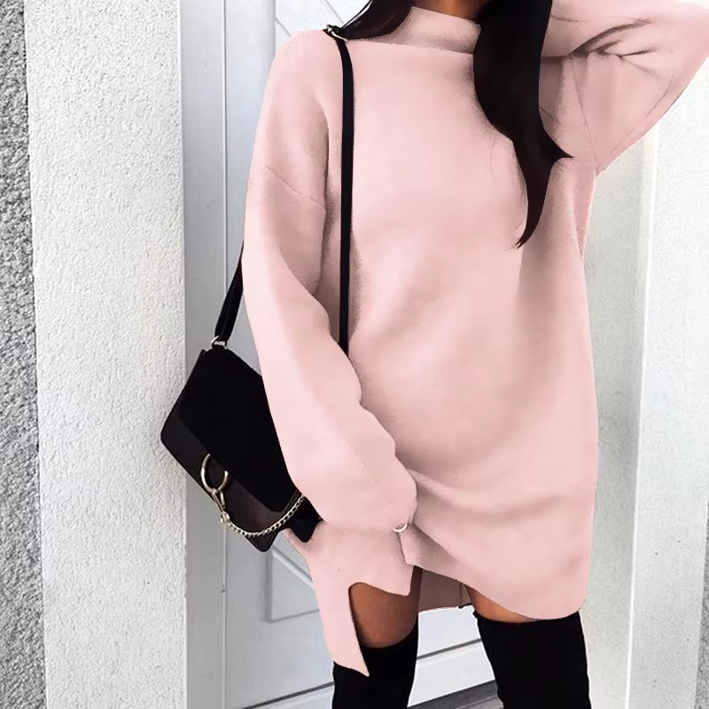 Casual High Neck Side Slit Long Sleeve Simple Basic Sportwear Sweatshirt Short Dress - Image 4