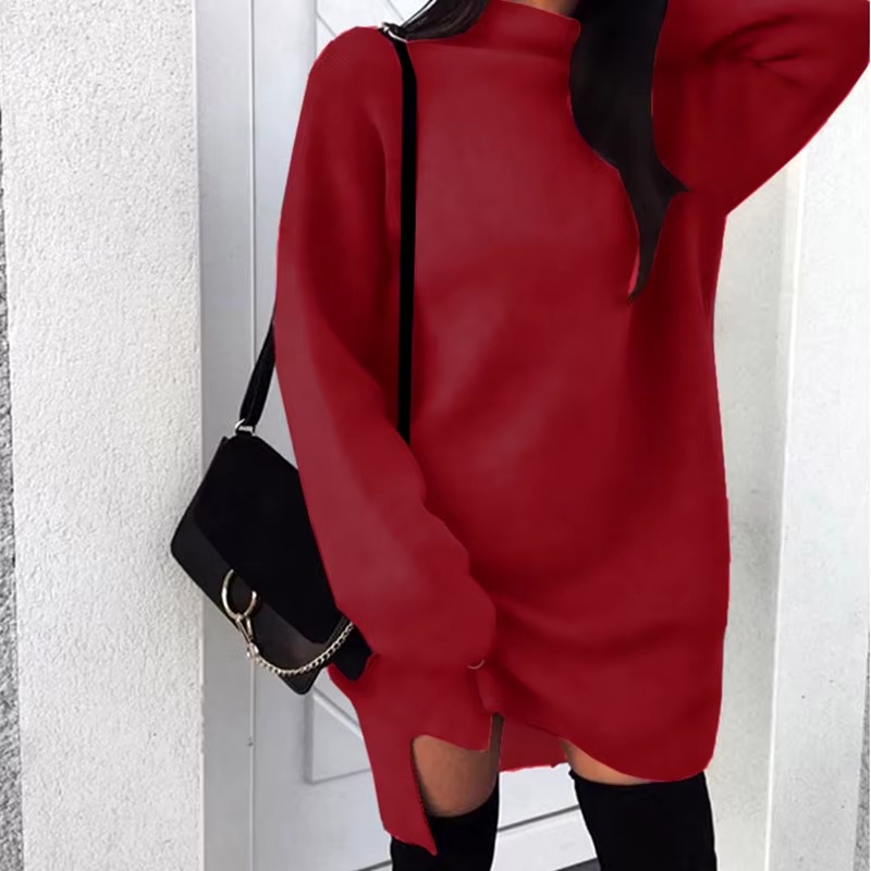 Casual High Neck Side Slit Long Sleeve Simple Basic Sportwear Sweatshirt Short Dress - Image 5