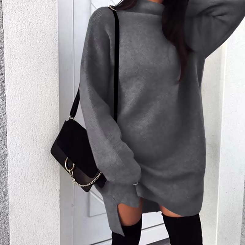 Casual High Neck Side Slit Long Sleeve Simple Basic Sportwear Sweatshirt Short Dress - Image 7