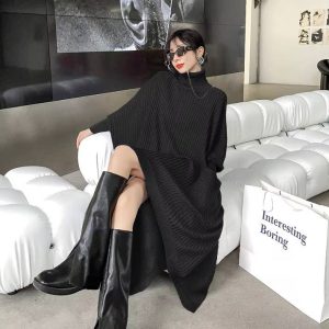Casual Irregular Style Turtleneck Loose Sweater Dress