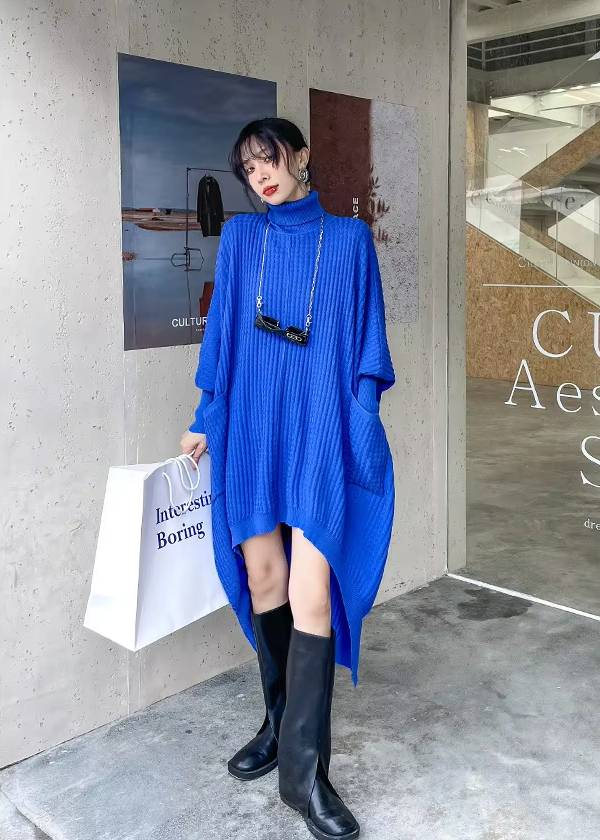 Casual Irregular Style Turtleneck Loose Sweater Dress - Image 7
