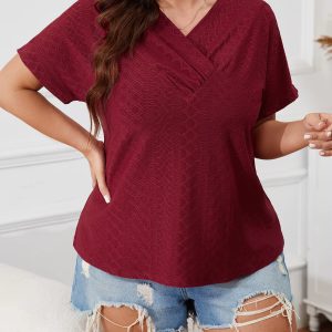 Casual Knit Cross Collar High Elastic Medium Stretch Plus Size T-shirt