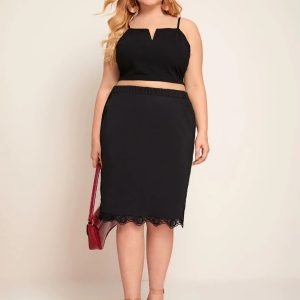 Casual Lace Plus Size Elastic Waist Bodycon Midi Skirt
