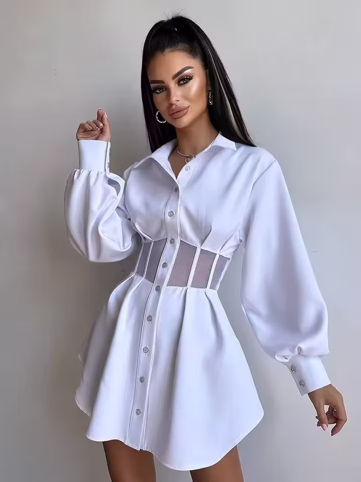 Casual Lapel Long Sleeve Mesh Patchwork Loose Mini Dress