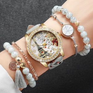 Casual Leather Band Wrist Quartz Watch With Bracelets 5-Piece Set