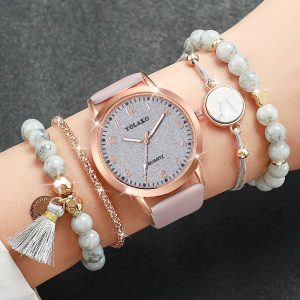 Casual Leather Band Wrist Quartz Watch With Bracelets 5-Piece Set