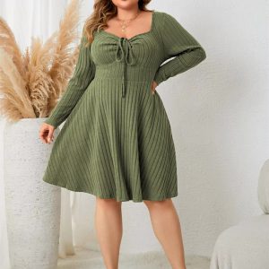 Casual Long Sleeve Ribbed Knit Neck Knot Plus Size Mini Dress