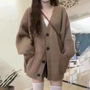 Casual Long Sleeve V-neck Cardigan Loose Knitted Sweater
