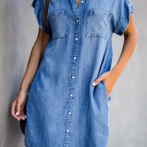 Casual Loose Pocket Single Breasted Denim Shirt Dress