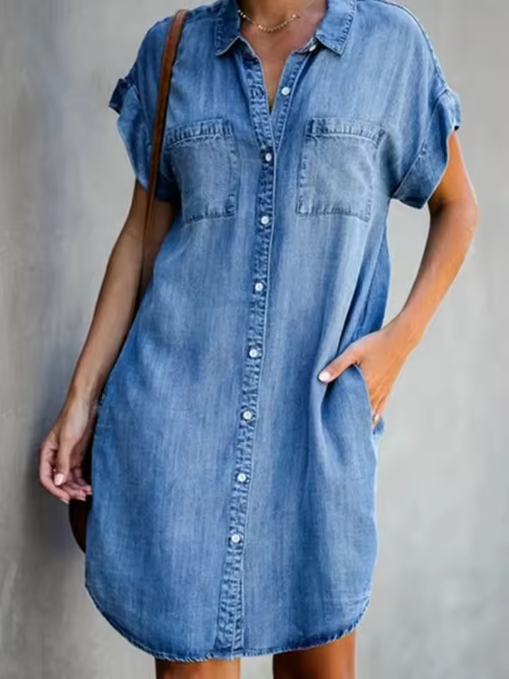 Casual Loose Pocket Single Breasted Denim Shirt Dress