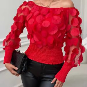 CasualOff Shoulder Floral Pattern Shirred Sheer Mesh Patch Top