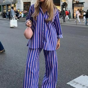 Casual Oversized Striped Shirt Pockets And Pant Two Piece Set
