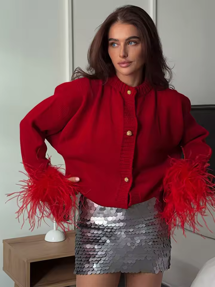 Casual Patchwork Long Sleeve Single Breasted Feather Knitted Cardigan - Image 2