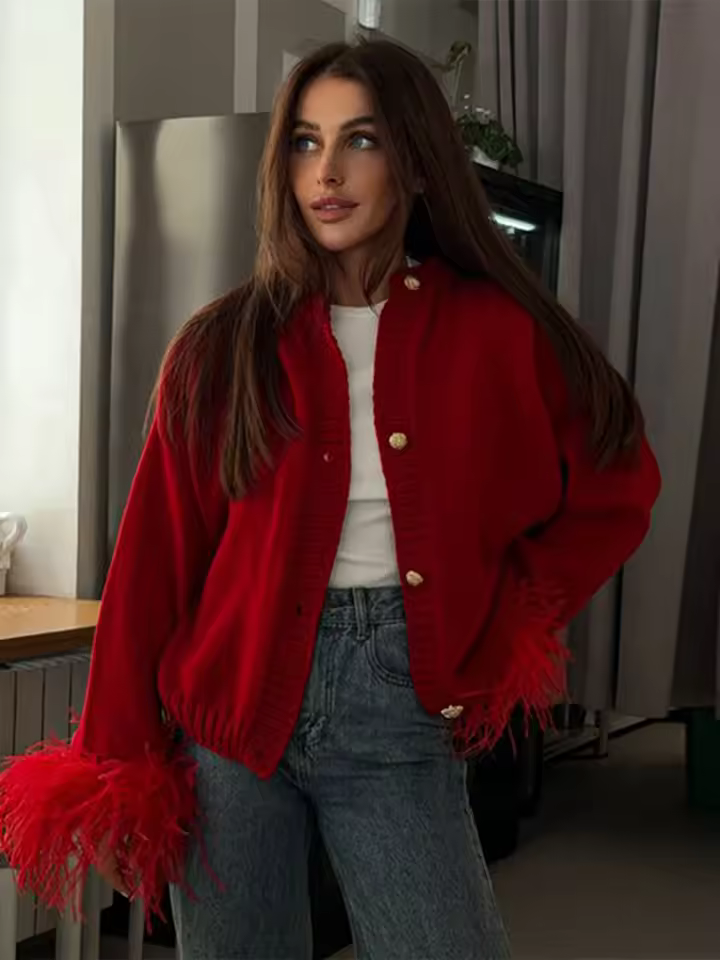 Casual Patchwork Long Sleeve Single Breasted Feather Knitted Cardigan - Image 3