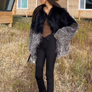 Casual Patchwork Warm Fluffy Real Fox Fur Overcoat
