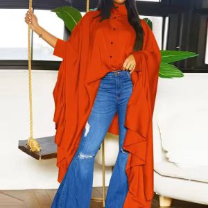 Casual Pleated Long Sleeve Cape Bat Plus Size Top