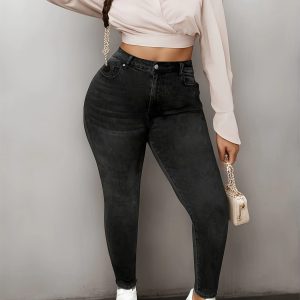 Casual Pockets High Waist Plus Size Skinny Full Length Jeans
