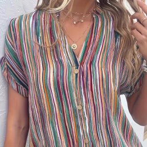 Casual Round Collar Half Sleeve Striped Print Plus Size Blouse