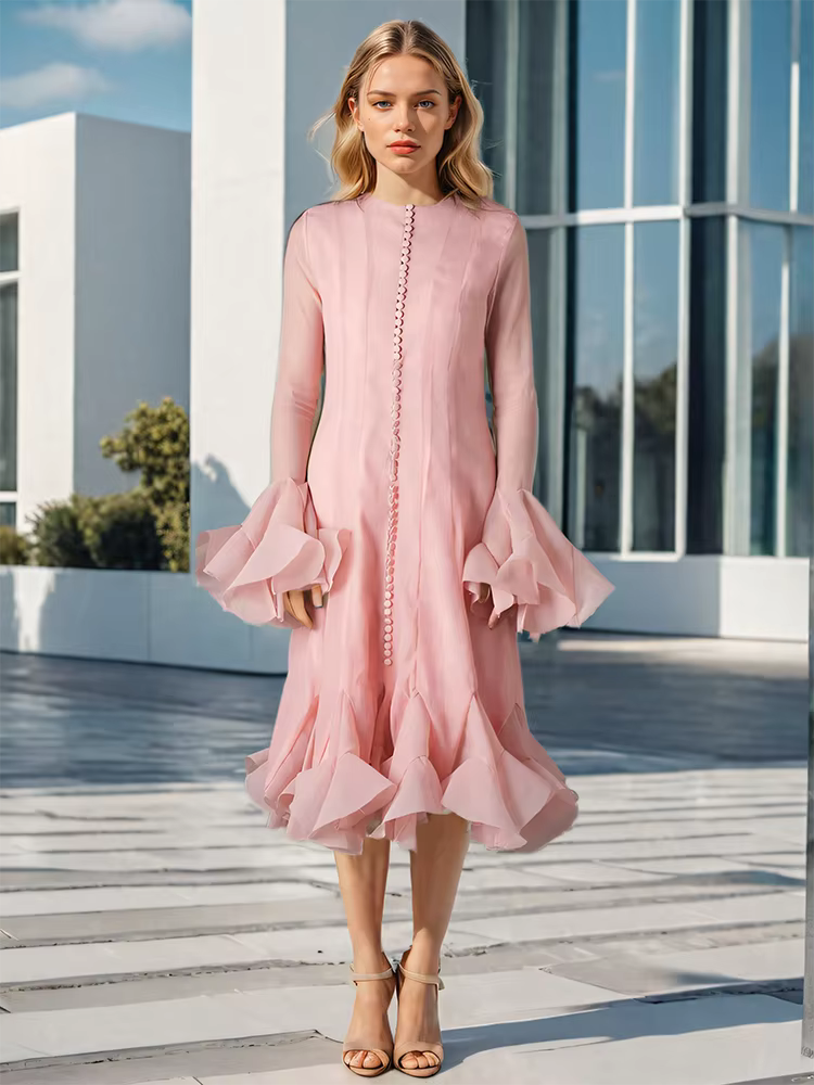 Casual Round Neck Button Flare Sleeves Ruffles Mid-calf