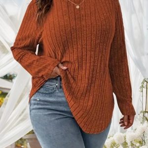 Casual Round Neck Long Sleeved Groove Plus Size T-shirt