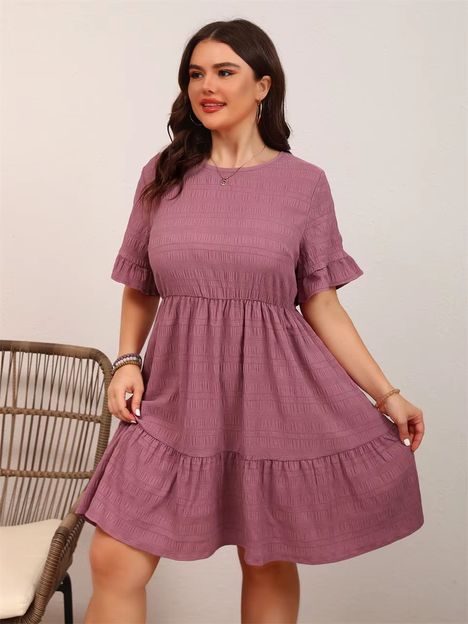 Casual Ruffle O-Neck Short-Sleeved Plus Size Mini Dress - Image 2