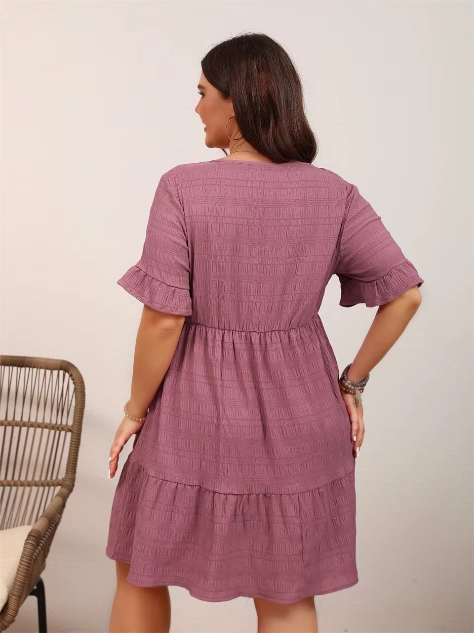 Casual Ruffle O-Neck Short-Sleeved Plus Size Mini Dress - Image 6