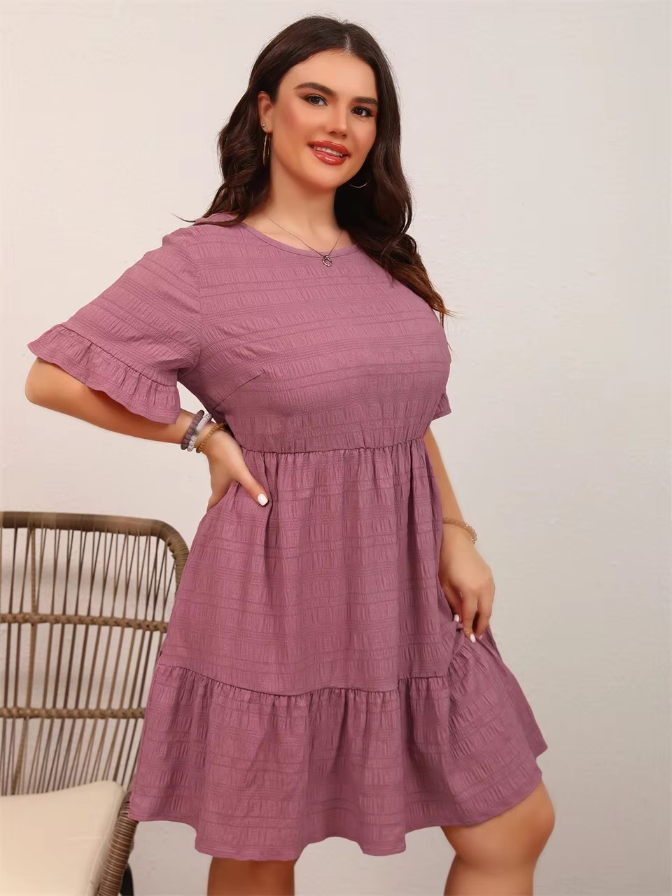 Casual Ruffle O-Neck Short-Sleeved Plus Size Mini Dress - Image 3