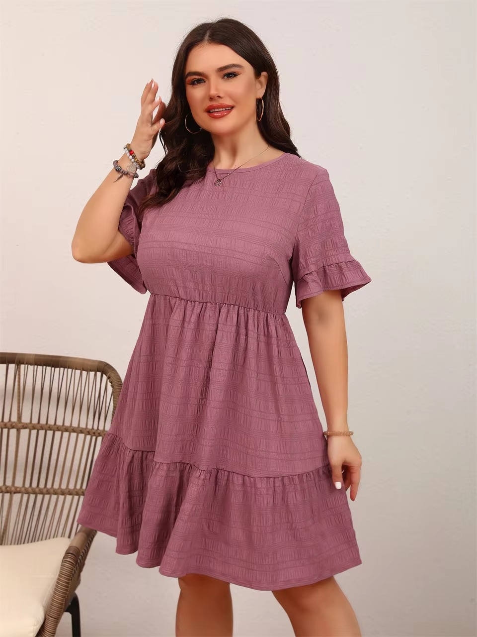 Casual Ruffle O-Neck Short-Sleeved Plus Size Mini Dress - Image 4