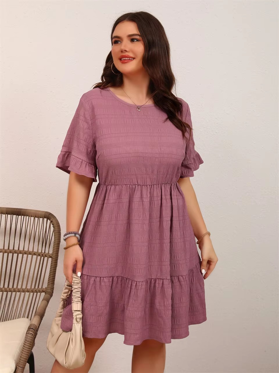 Casual Ruffle O-Neck Short-Sleeved Plus Size Mini Dress - Image 5