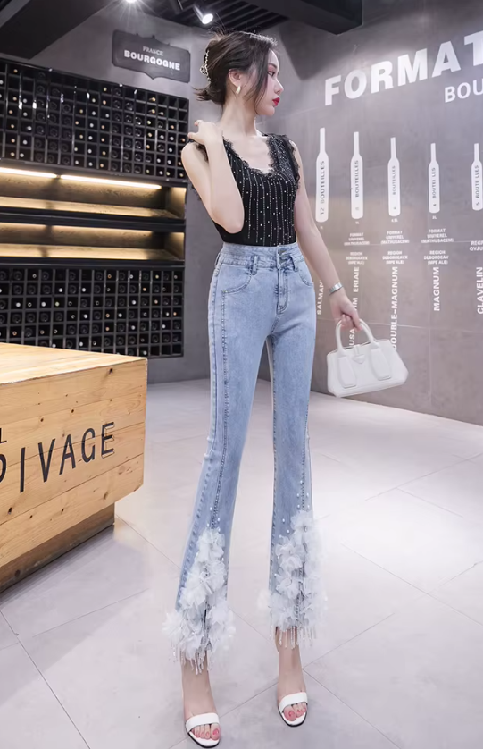 Casual Split Beading High Waist Three-dimensional Flower Stretch Denim Flared Pants - Image 5